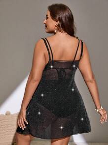 Plus Tie Front Glitter Kimono, For Summer Beach Vacation - Black - View 2