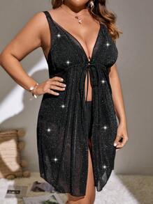 Plus Tie Front Glitter Kimono, For Summer Beach Vacation - Black - View 3