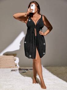 Plus Tie Front Glitter Kimono, For Summer Beach Vacation - Black - View 5