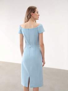 MOTF PREMIUM 腰帶一字肩中長連衣裙 - 淺藍色 - 查看 7