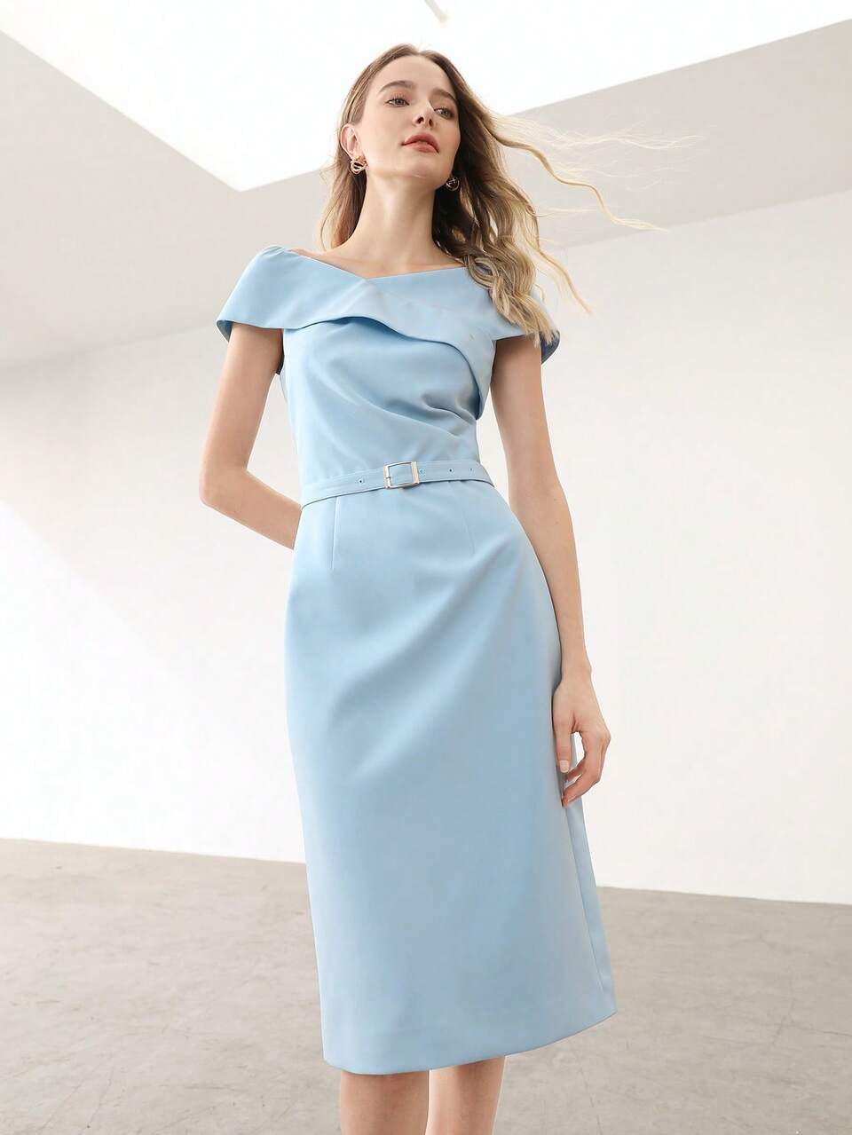 MOTF BELTED OFF-SHOULDER MIDI DRESS