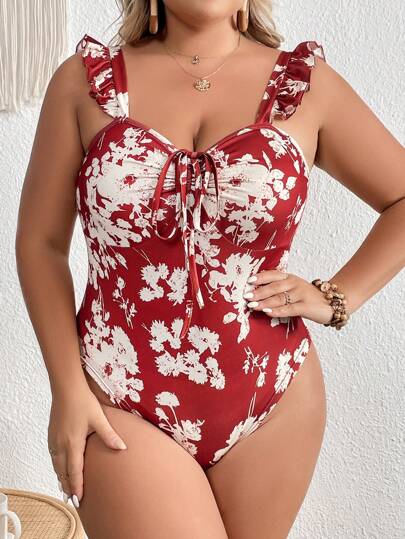 SHEIN Clasi 大碼印花荷葉邊前繫帶褶邊露肩連體衣