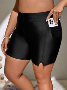 SHEIN Swim Curve 大碼下擺開叉泳衣下裝帶手機袋 - 黑色 - 查看 1