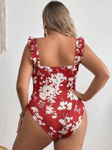 SHEIN Clasi 大碼印花荷葉邊前繫帶褶邊露肩連體衣 - 紅白色 - 查看 2