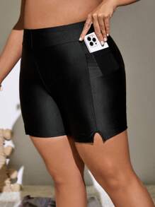 SHEIN Swim Curve 大碼下擺開叉泳衣下裝帶手機袋 - 黑色 - 查看 4