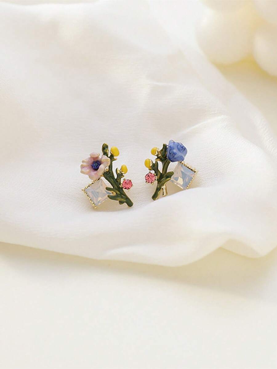 1雙時尚花朵裝飾耳釘適合女士日常裝飾 - 彩色 - 查看 1