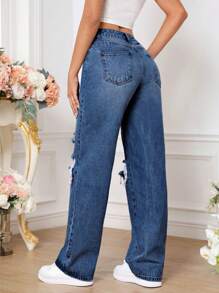 SHEIN Tall Quần jean nữ Túi Bị tách Dây kéo màu trơn - Rửa tối - Xem 2