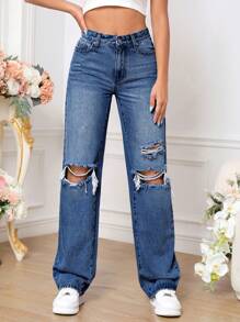 SHEIN Tall Quần jean nữ Túi Bị tách Dây kéo màu trơn - Rửa tối - Xem 3