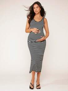 SHEIN 孕婦條紋印花緊身連衣裙 - 黑色 - 查看 1