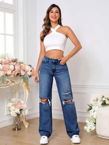SHEIN Tall Quần jean nữ Túi Bị tách Dây kéo màu trơn - Rửa tối - Xem 4