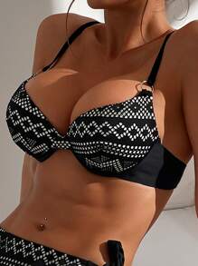 SHEIN Swim Bikini con stampa geo con ferretto con lacci laterali