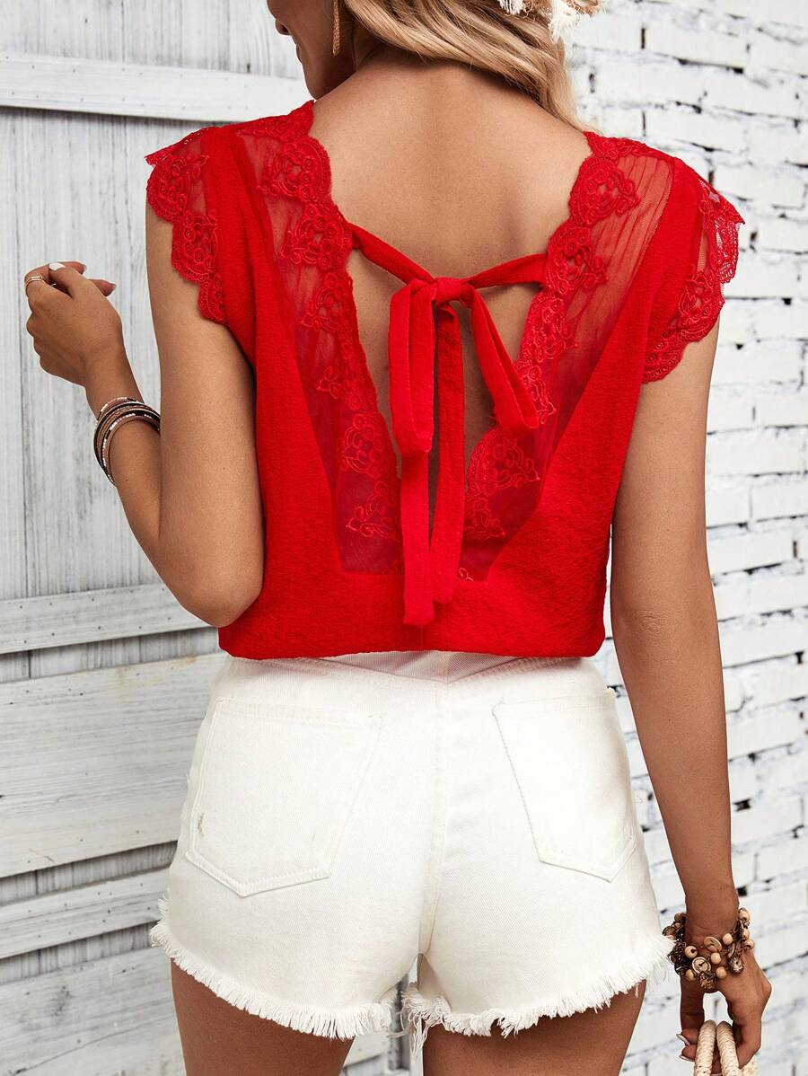 SHEIN LUNE Tie Backless Contrast Lace Scallop Trim Blouse - Red - View 1