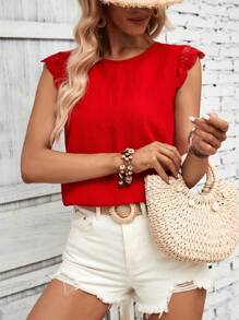 SHEIN LUNE Tie Backless Contrast Lace Scallop Trim Blouse - Red - View 3