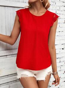 SHEIN LUNE Tie Backless Contrast Lace Scallop Trim Blouse - Red - View 6
