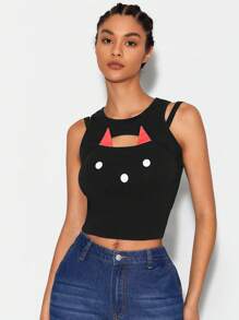 Bittersweet Top tank crop con estampado de dibujos animados - Negro - Ver 4
