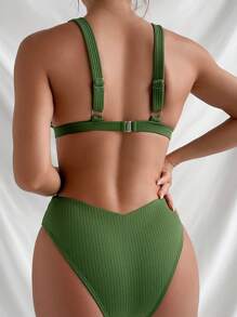 Plain Ribbed Knit Bikini Set For Summer Beach - Army Green - View 2
