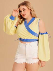 AshuriiCouture Designer Plus Cold Shoulder Drawstring Side Lantern Sleeve Crop Pullover, For Holiday, Vacation, Spring, Festival, Ibiza Fits - Yellow - View 3