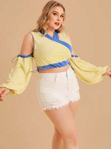 AshuriiCouture Designer Plus Cold Shoulder Drawstring Side Lantern Sleeve Crop Pullover, For Holiday, Vacation, Spring, Festival, Ibiza Fits - Yellow - View 4