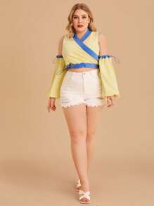 AshuriiCouture Designer Plus Cold Shoulder Drawstring Side Lantern Sleeve Crop Pullover, For Holiday, Vacation, Spring, Festival, Ibiza Fits - Yellow - View 5