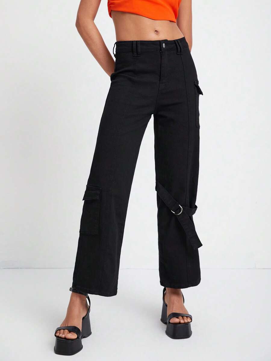 ESTER SULAS Solid Flap Pocket Side Cargo Jeans - Black - View 1