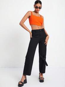 ESTER SULAS Solid Flap Pocket Side Cargo Jeans - Black - View 4