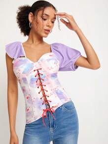 Abelis Colourblock Lace Up Front Asymmetrical Sleeve Top - Multicolor - View 2