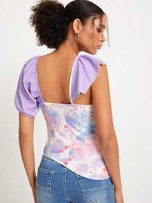 Abelis Colourblock Lace Up Front Asymmetrical Sleeve Top - Multicolor - View 3