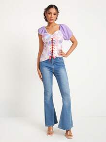 Abelis Colourblock Lace Up Front Asymmetrical Sleeve Top - Multicolor - View 4