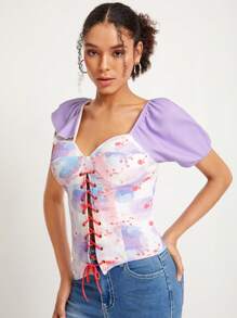 Abelis Colourblock Lace Up Front Asymmetrical Sleeve Top - Multicolor - View 5