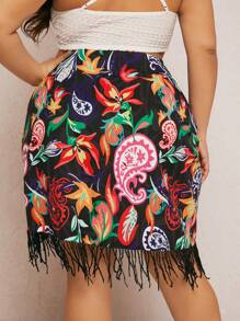 SHEIN SXY Váy Plus Size Thắt nút Trọn gói mép Hoa Paisley Boho - màu đen - Xem 2