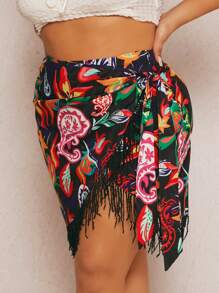 SHEIN SXY Váy Plus Size Thắt nút Trọn gói mép Hoa Paisley Boho - màu đen - Xem 3