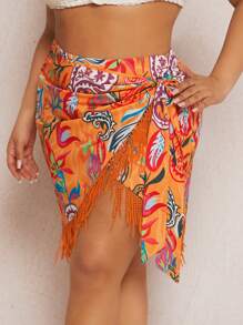 SHEIN SXY 大碼佩斯利印花流蘇邊圍裹側打結半身裙 - 橘色 - 查看 4