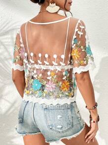 SHEIN VCAY 花卉刺繡網紗上衣不附胸罩 - 白色 - 查看 2