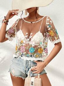 SHEIN VCAY 花卉刺繡網紗上衣不附胸罩 - 白色 - 查看 7