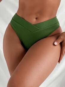 Plain Ribbed Knit Bikini Set For Summer Beach - Army Green - View 4