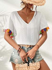 SHEIN VCAY 流蘇邊蝴蝶袖T恤 - 白色 - 查看 4