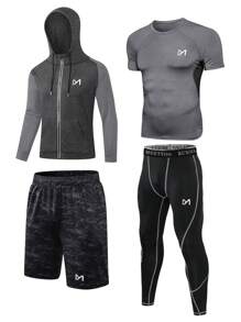 Conjunto Deportivo De 4 Piezas Para Hombre Con Diseño Gráfico De Letras, Traje Atlético, Chándal - Multicolor - Ver 1