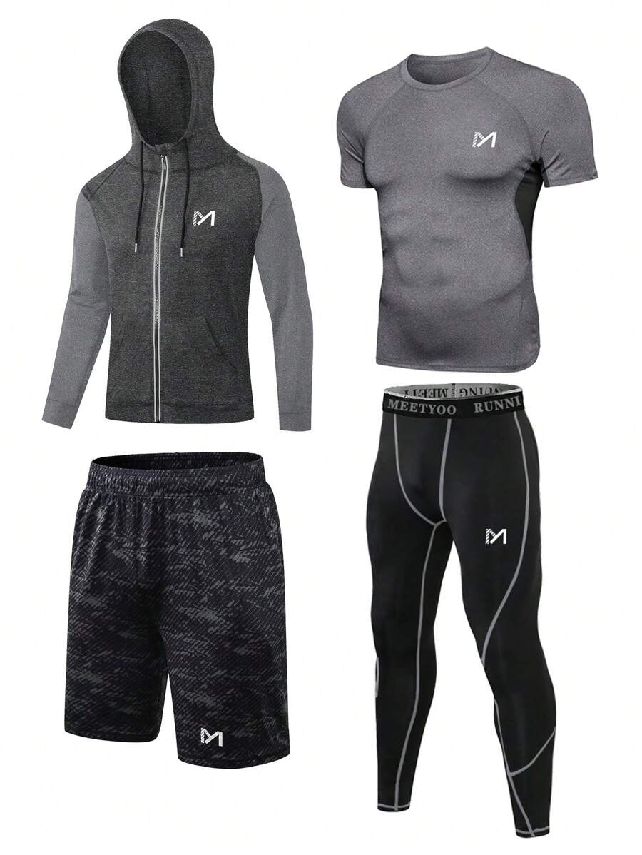 Conjunto Deportivo De 4 Piezas Para Hombre Con Diseño Gráfico De Letras, Traje Atlético, Chándal - Multicolor - Ver 1