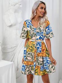 GENKIRA 撞色拼接圖案荷葉邊娃娃裙 - 彩色 - 查看 4