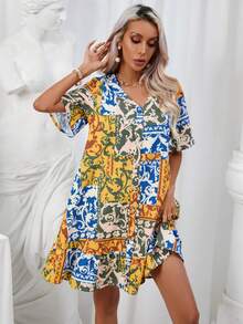 GENKIRA 撞色拼接圖案荷葉邊娃娃裙 - 彩色 - 查看 6