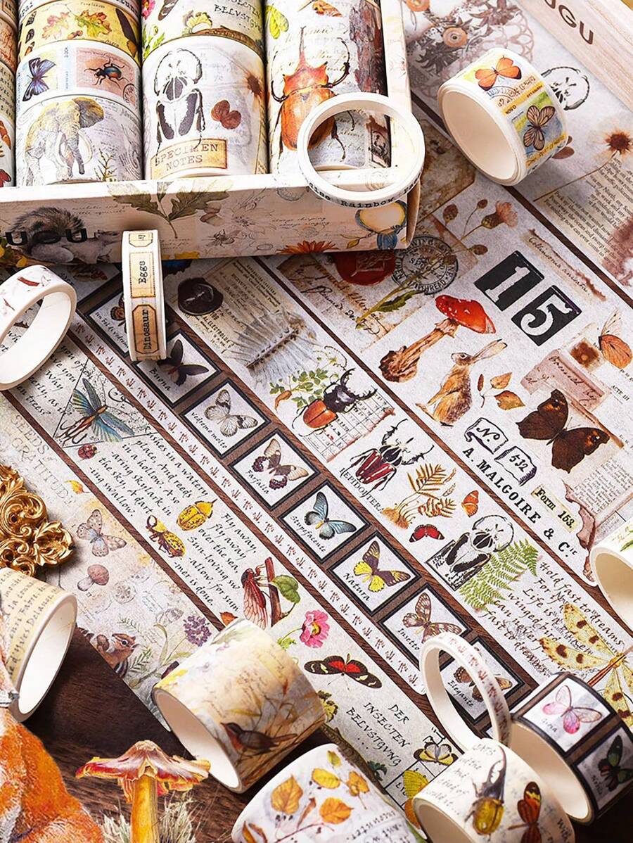 1套昆蟲和植物圖案美紋紙膠帶用於DIY工藝、手賬、裝飾複古多用途和紙膠帶 - 彩色 - 查看 1