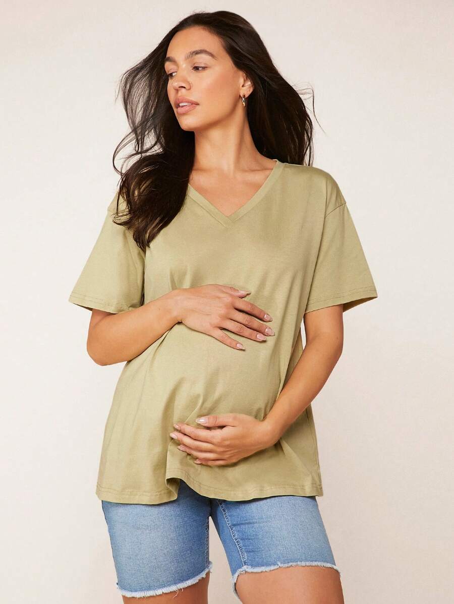 SHEIN Maternity Solid V-Neck Short Sleeve Casual Versatile T-Shirt - Khaki - View 1