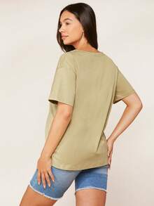 SHEIN Maternity Solid V-Neck Short Sleeve Casual Versatile T-Shirt - Khaki - View 2