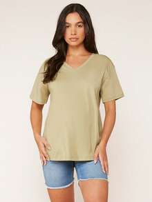 SHEIN Maternity Solid V-Neck Short Sleeve Casual Versatile T-Shirt - Khaki - View 3