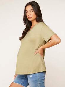 SHEIN Maternity Solid V-Neck Short Sleeve Casual Versatile T-Shirt - Khaki - View 4