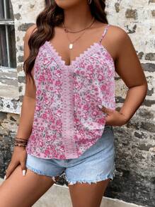 Celure 大碼碎花鏤空蕾絲花邊吊帶上衣 - 粉色 - 查看 3