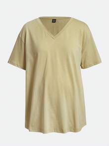 SHEIN Maternity Solid V-Neck Short Sleeve Casual Versatile T-Shirt - Khaki - View 6