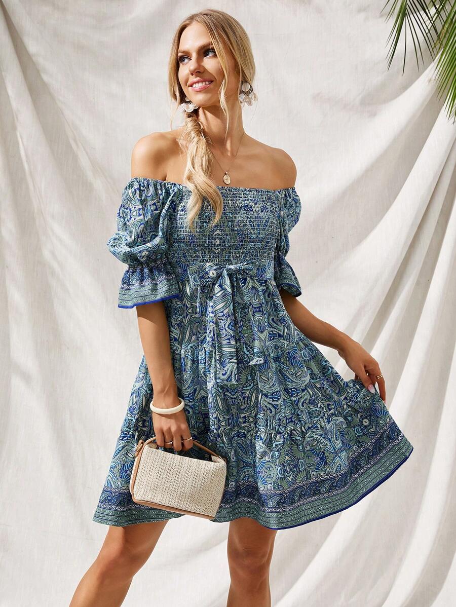 SHEIN VCAY Vestido de hombros descubiertos con cinturón bajo con fruncido con estampado de paisley - Multicolor - Ver 1