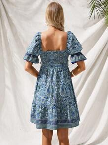 SHEIN VCAY Vestido de hombros descubiertos con cinturón bajo con fruncido con estampado de paisley - Multicolor - Ver 2