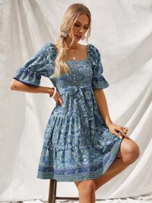 SHEIN VCAY Vestido de hombros descubiertos con cinturón bajo con fruncido con estampado de paisley - Multicolor - Ver 3